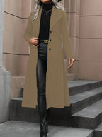Casaco Trench Comprido Elegante para Mulher - Casaco de Inverno com Cinto na Cintura, Tecido Estruturado Sem Elasticidade, Roupa Exterior Chique de Escritório para Festa para Outono/Inverno