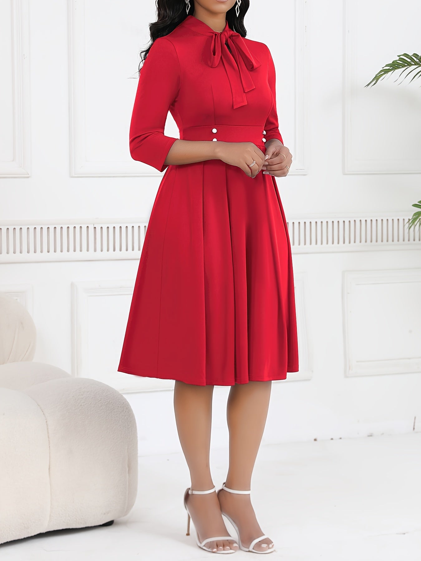 Vestido Feminino de Primavera/Outono com Cintura Ajustável, Elegante e Sofisticado, Para Ambiente de Trabalho, Vestido Midi Azul Marinho com Laço no Pescoço HRYY116