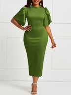 Vestido midi elegante de manga verde com mangas franzidas para mulher - Poliéster elástico, decote redondo, manga comprida, verão chique, sem cinto, perfeito para ocasiões casuais ou formais, vestuário formal | Vestido de manga franzida | Ajuste confortável