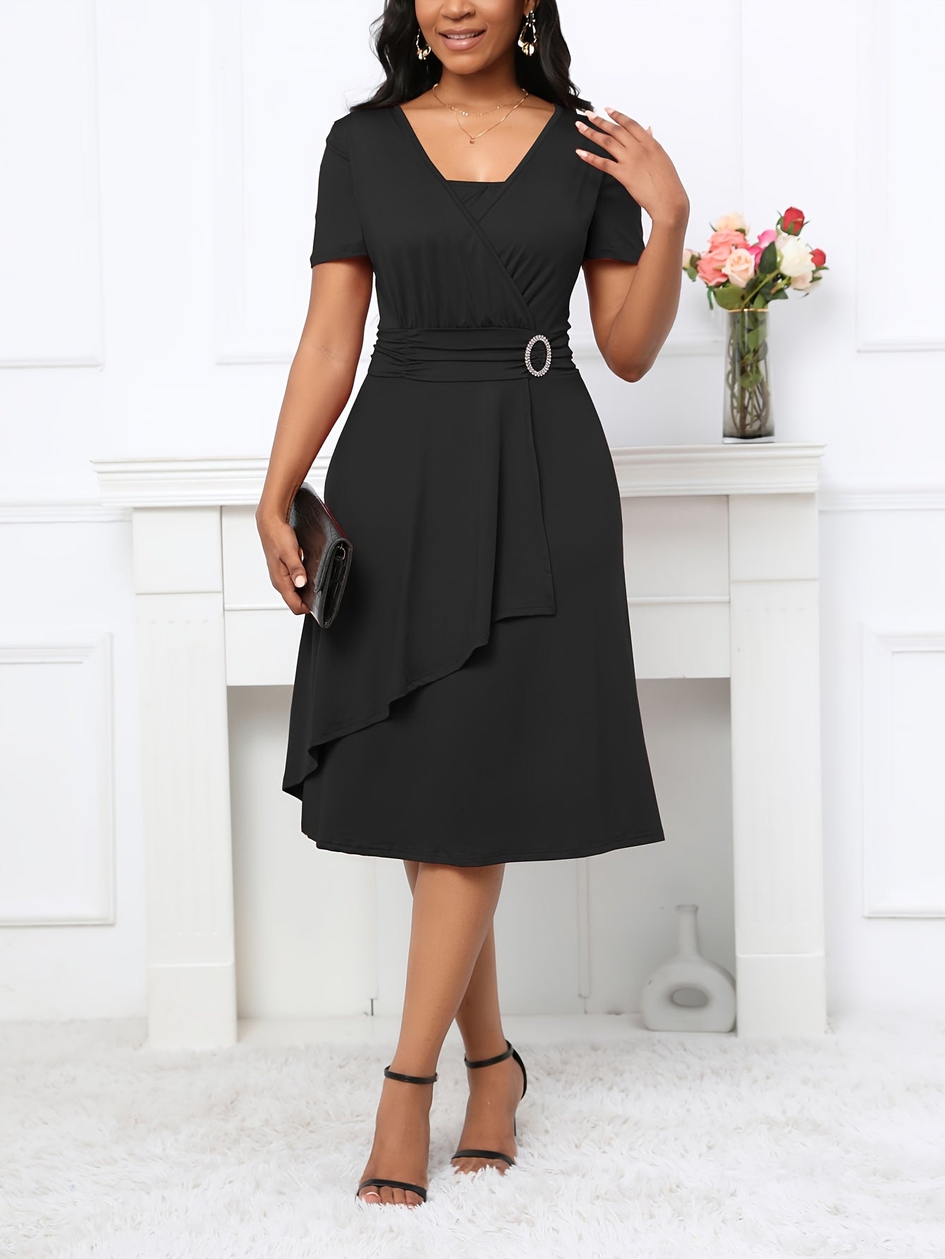 Vestido elegante de linha A para mulheres, em poliéster 95% e spandex 5%, tecido de malha, cor sólida para todas as estações, decote em V, vestido leve de 200g/m² para adultos