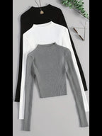 Conjunto de 3 Peças com Gola Alta em Malha Canelada, Base Elástica e Cor Lisa - Estilo Versátil Vintage