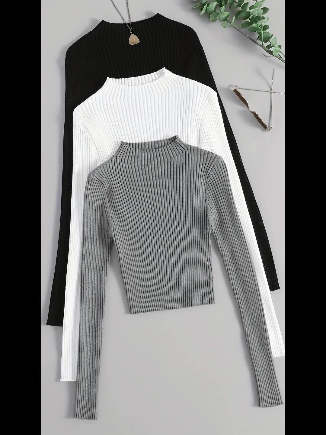 Conjunto de 3 Peças com Gola Alta em Malha Canelada, Base Elástica e Cor Lisa - Estilo Versátil Vintage