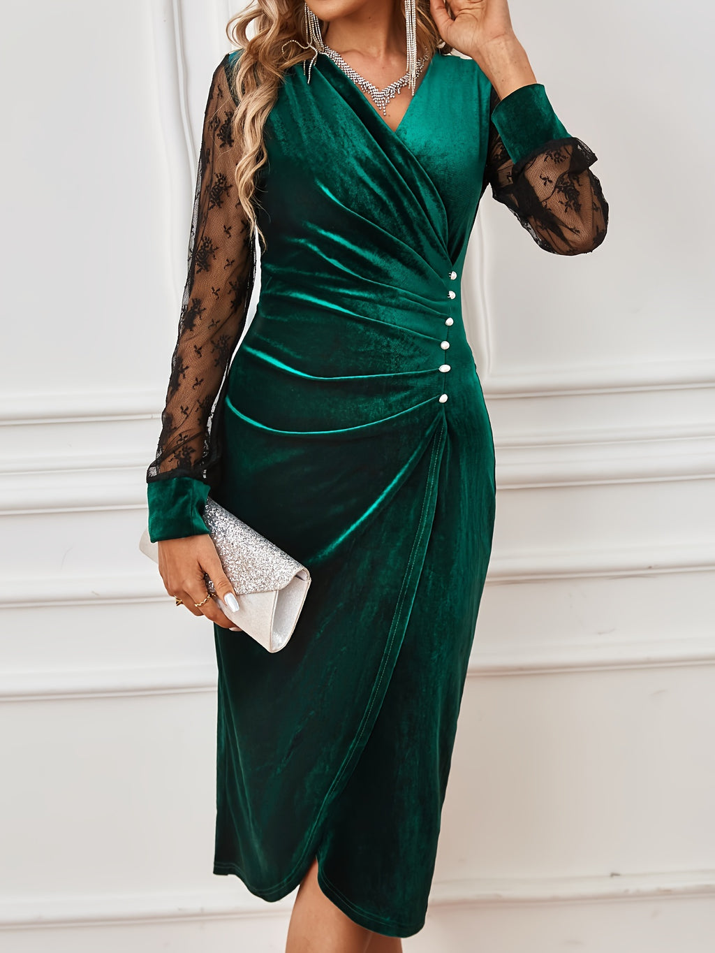 Vestido justo com renda contrastante, Vestido elegante de manga comprida para festa e banquete, Roupa de mulher para casamento/ocasião/noivado/cerimónia/vestido de noite