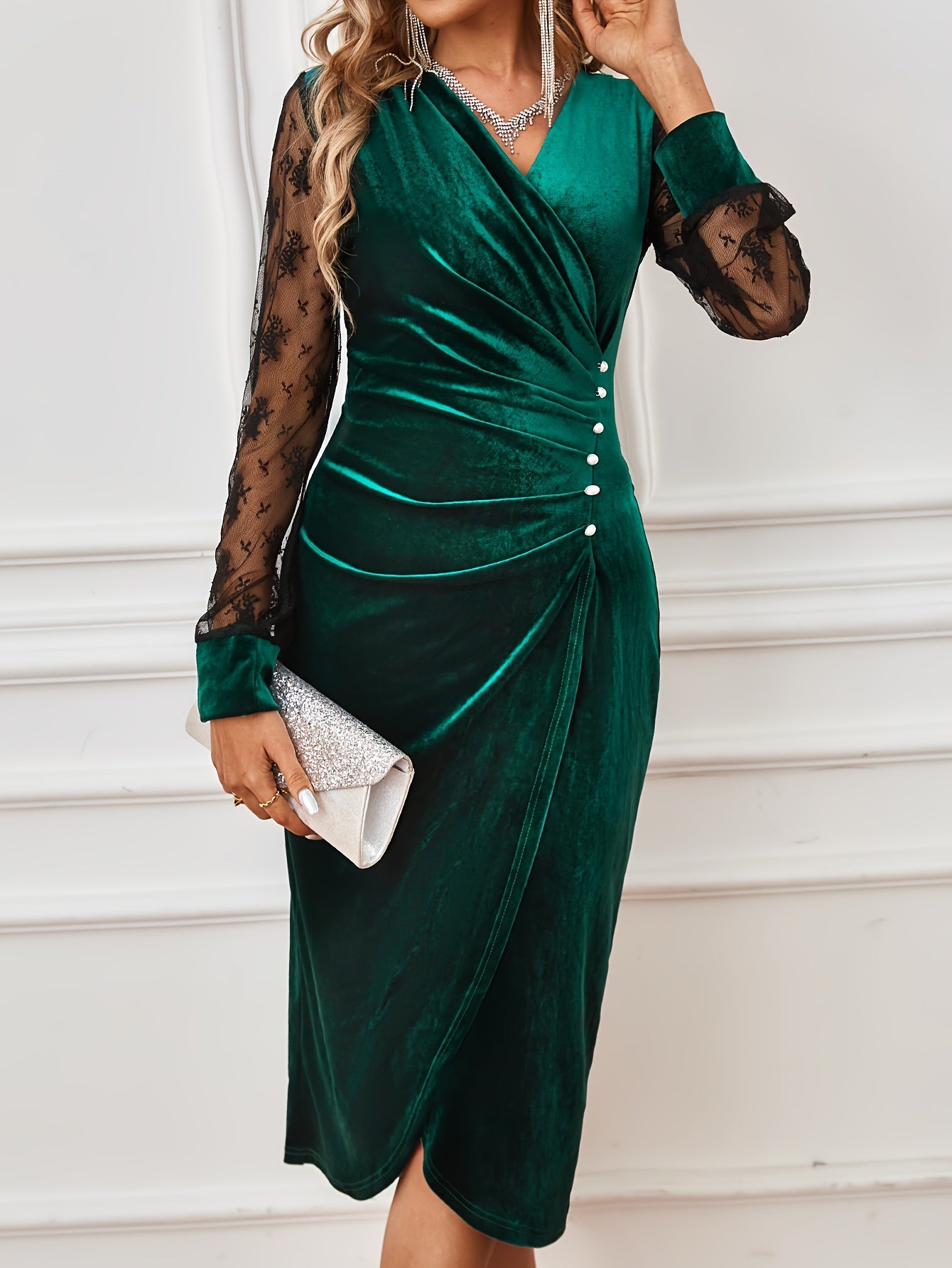 Vestido justo com renda contrastante, Vestido elegante de manga comprida para festa e banquete, Roupa de mulher para casamento/ocasião/noivado/cerimónia/vestido de noite