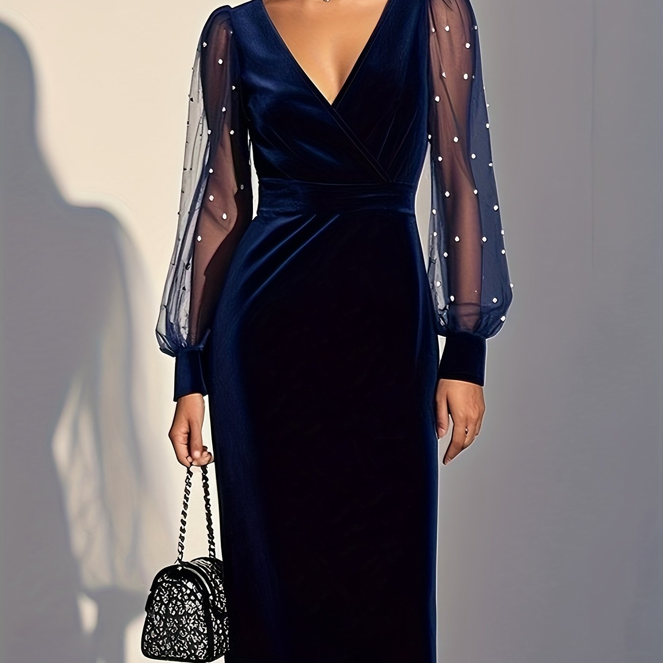 Elegant Navy Lace Sleeve Midi Dress