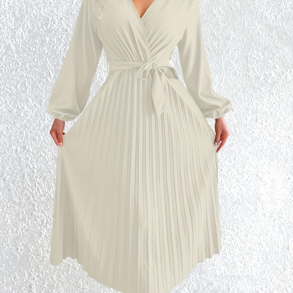 Elegant V-Neck Pleated Maxi Dress with Waist Tie