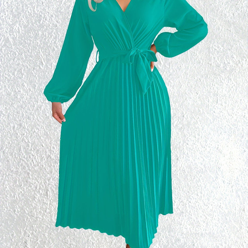 Elegant V-Neck Pleated Maxi Dress with Waist Tie