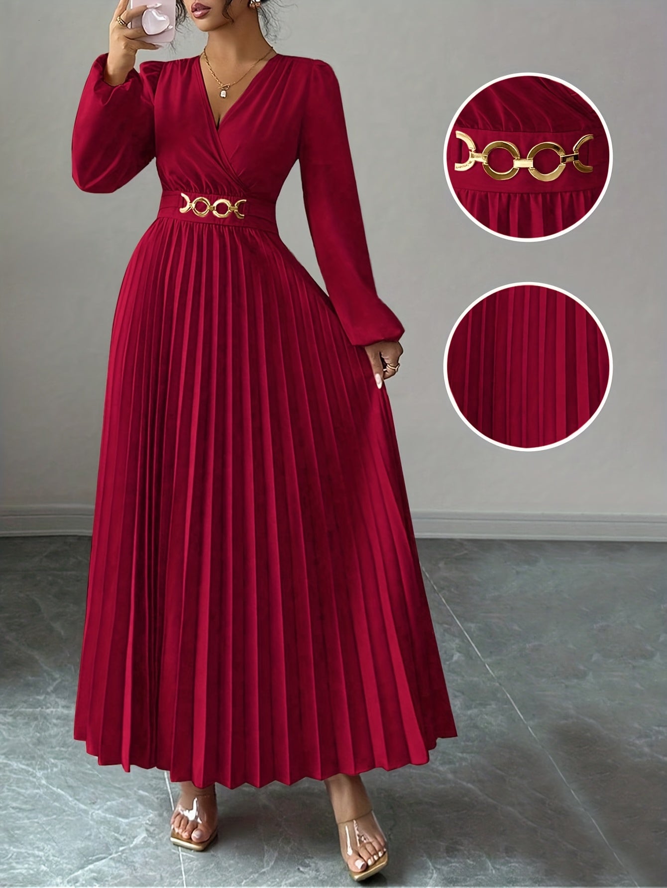 Vestido Feminino Elegante Estilo Francês com Decote em V e Cintura Plissada (Cintura Falsa/Estreita Oculta) - Manga Longa para Casamento de Inverno, Vestido de Festa Formal Lavável na Máquina, Cor Sólida