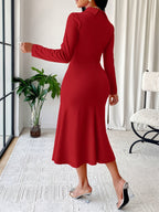 Vestido Midi Elegante de Outono-Inverno para Mulheres com Gola Social, Punhos Compridos, 2 Botões na Cintura e Barra Sereia em Vermelho Vibrante