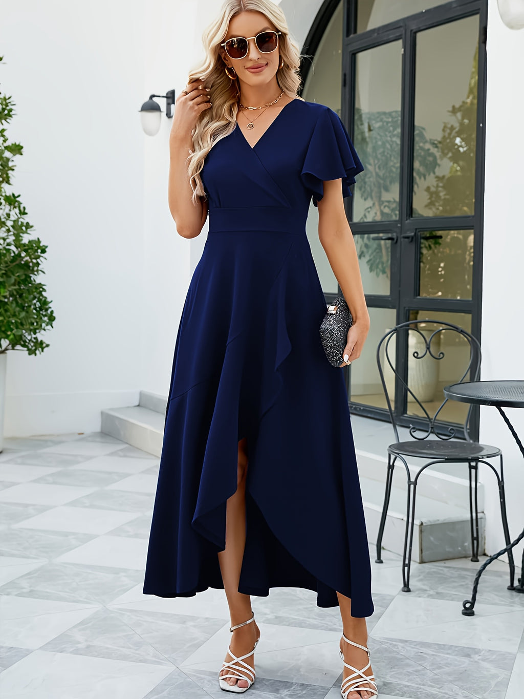 Vestido com decote em V alto-baixo, elegante vestido de linha A com mangas de folho de cor sólida, roupa de mulher