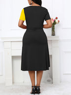 Vestido elegante de linha A para mulheres, em poliéster 95% e spandex 5%, tecido de malha, cor sólida para todas as estações, decote em V, vestido leve de 200g/m² para adultos