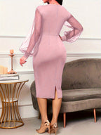 Vestido Feminino de Primavera/Outono, Elegante com Painel de Tule na Cintura, Vestido de Cocktail para Negócios, Gola Redonda Azul Royal, Vestido Midi WJ289