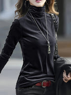 Camiseta Térmica Feminina de Gola Alta e Manga Longa - Top Macio como Veludo, Lavável à Máquina, Preto Sólido para Camadas no Outono/Inverno, Estilo Sofisticado e Casual ou Formal, Roupa de Inverno Confortável, Blusa Versátil e Elegante, Qualidade Premium, Ideal para Climas Frios