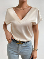 Blusa Solta De Manga Curta Com Decote Em V, De Cor Sólida, Elegante Para A Primavera E O Verão, Roupa Feminina
