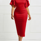 Elegant Green Midi Dress with Dramatic Ruffled Sleeves