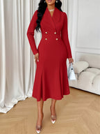 Vestido Midi Elegante de Outono-Inverno para Mulheres com Gola Social, Punhos Compridos, 2 Botões na Cintura e Barra Sereia em Vermelho Vibrante