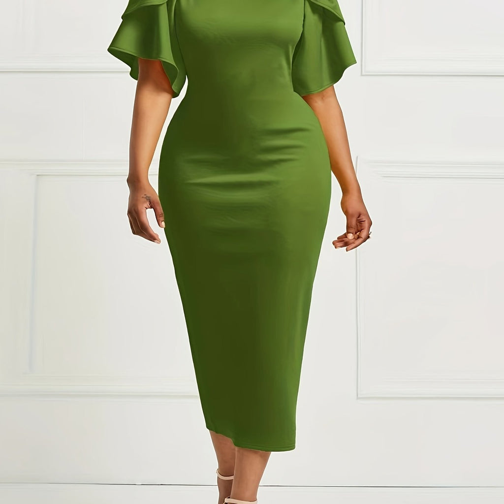 Elegant Green Midi Dress with Dramatic Ruffled Sleeves
