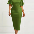 Elegant Green Midi Dress with Dramatic Ruffled Sleeves