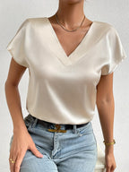 Blusa Solta De Manga Curta Com Decote Em V, De Cor Sólida, Elegante Para A Primavera E O Verão, Roupa Feminina
