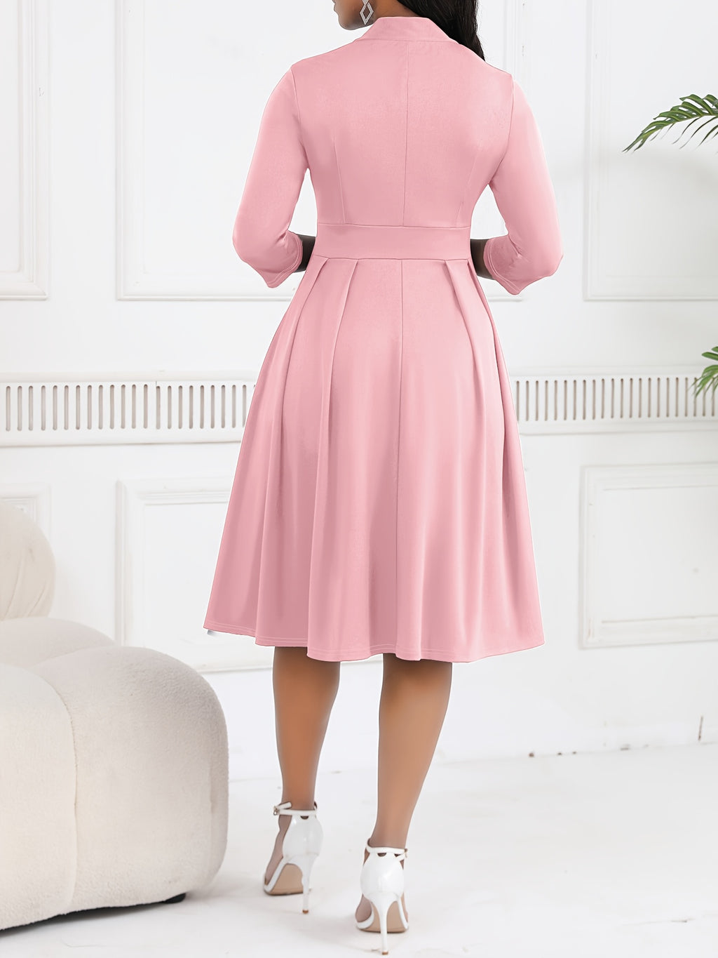 Vestido Feminino de Primavera/Outono com Cintura Ajustável, Elegante e Sofisticado, Para Ambiente de Trabalho, Vestido Midi Azul Marinho com Laço no Pescoço HRYY116
