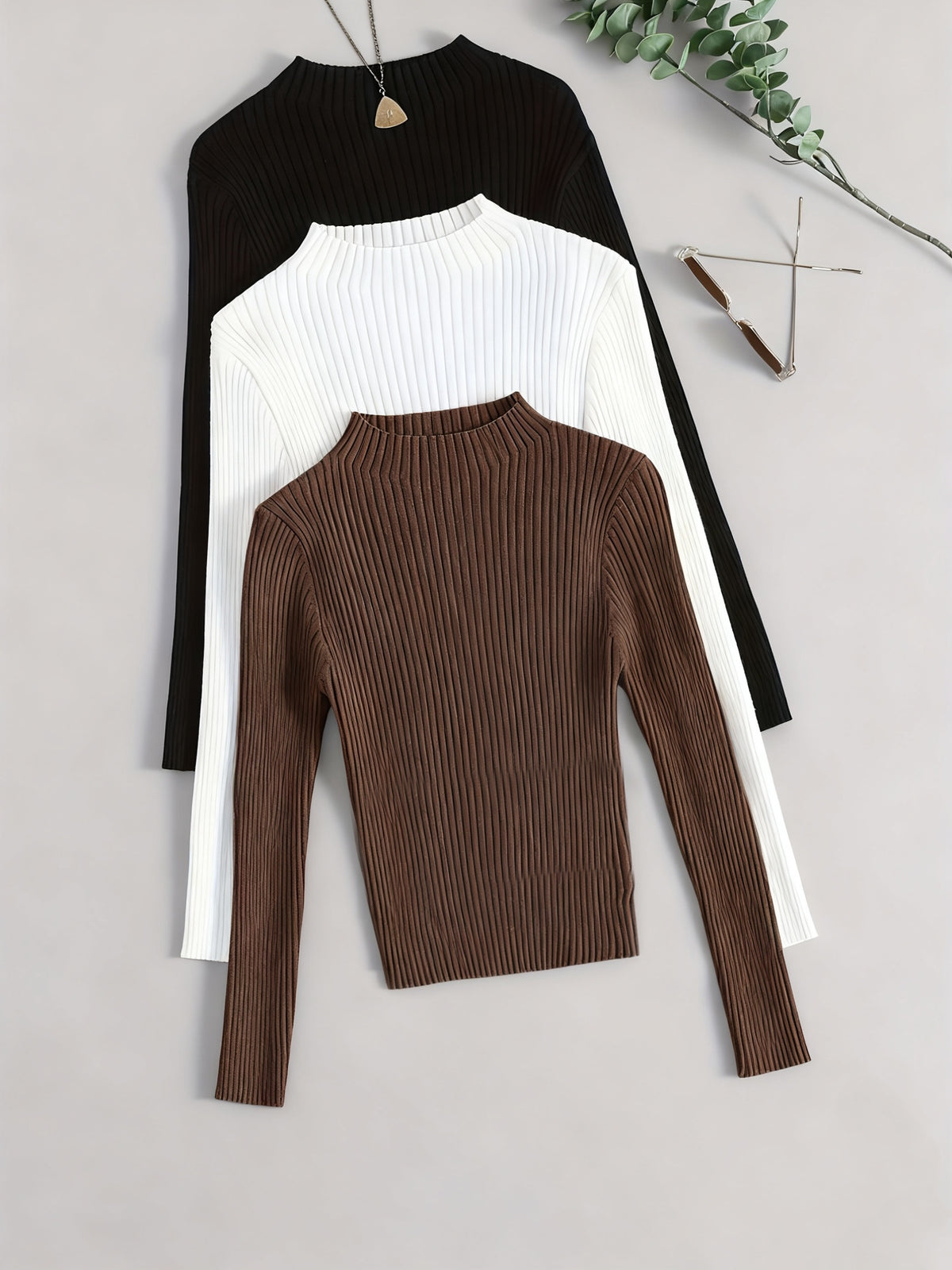 Conjunto de 3 Peças com Gola Alta em Malha Canelada, Base Elástica e Cor Lisa - Estilo Versátil Vintage