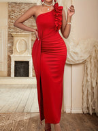 Vestido de festa sexy de um ombro para mulheres - Vestido formal de evento com racha alta, vestido de festa A-Line para o Dia dos Namorados, Ano Novo, Encontros - Elegantes roupas de festa para mulheres, vestido de festa sexy, atuário de noite de encontro, vestido de tecido fluido, vestido de ocasião especial, material leve, roupa adulta