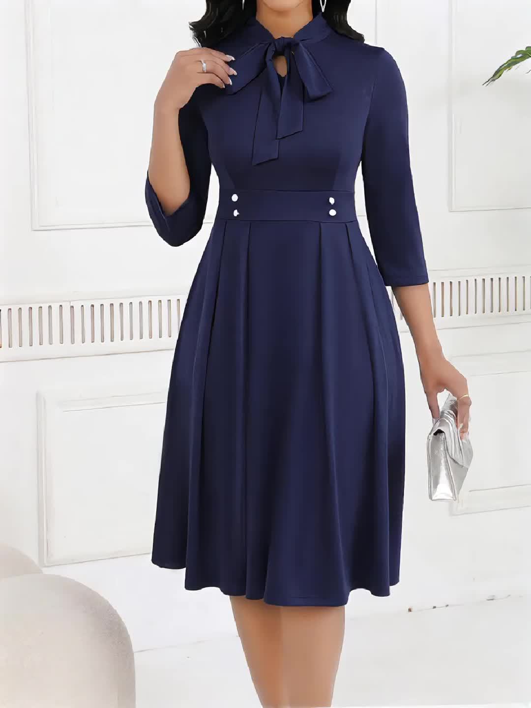 Vestido Feminino de Primavera/Outono com Cintura Ajustável, Elegante e Sofisticado, Para Ambiente de Trabalho, Vestido Midi Azul Marinho com Laço no Pescoço HRYY116