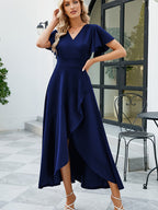 Vestido com decote em V alto-baixo, elegante vestido de linha A com mangas de folho de cor sólida, roupa de mulher