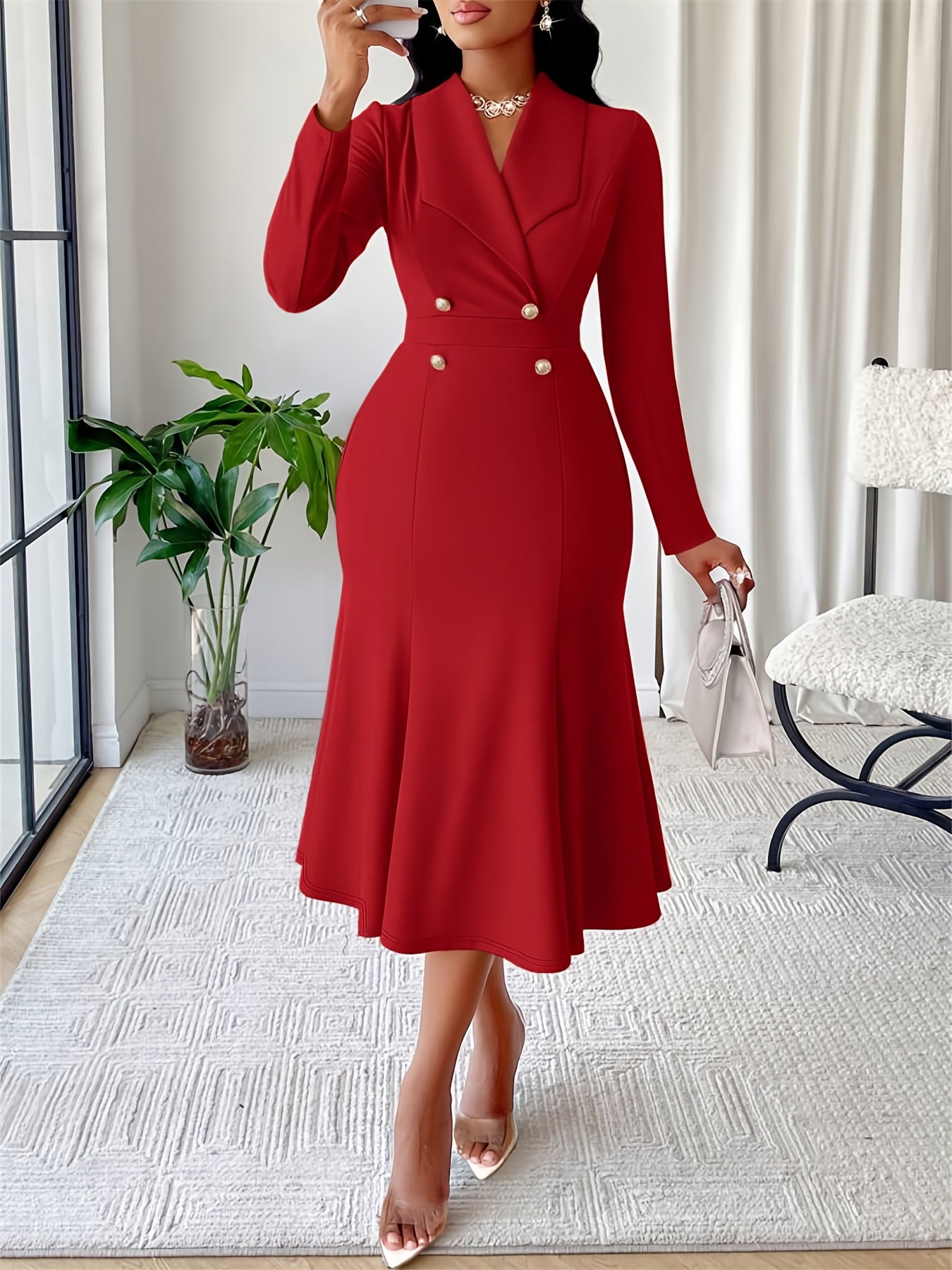 Vestido Midi Elegante de Outono-Inverno para Mulheres com Gola Social, Punhos Compridos, 2 Botões na Cintura e Barra Sereia em Vermelho Vibrante