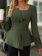 Blusa Feminina Elegante de Manga Bufante com Decote Quadrado e Barra Assimétrica - Camisa Verde Oliva para Primavera/Outono, Lavável à Máquina, Design Casual Chic, Mangas Flare, Tecido Macio