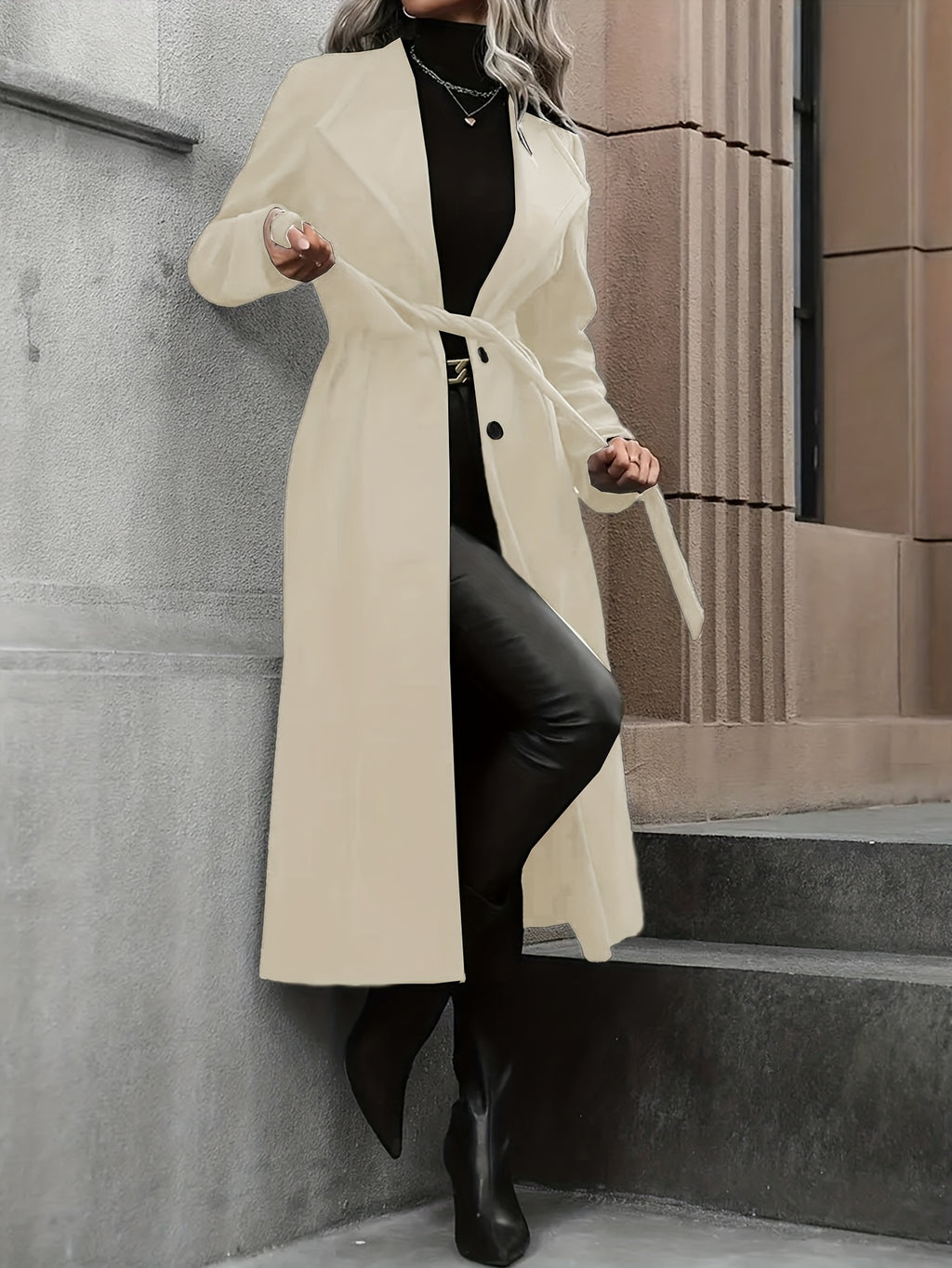 Casaco Trench Comprido Elegante para Mulher - Casaco de Inverno com Cinto na Cintura, Tecido Estruturado Sem Elasticidade, Roupa Exterior Chique de Escritório para Festa para Outono/Inverno