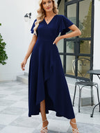 Vestido com decote em V alto-baixo, elegante vestido de linha A com mangas de folho de cor sólida, roupa de mulher