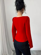 Blusa elegante de manga bolha em cor sólida estilo francês para mulher - Vermelho com decote em forma de coração, botões falsos, perfeita para primavera/outono, top elegante para adultos|Estilo francês vintage|Top com botões falsos
