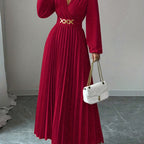 Timeless V-Neck Pleated Dress for Winter Elegance