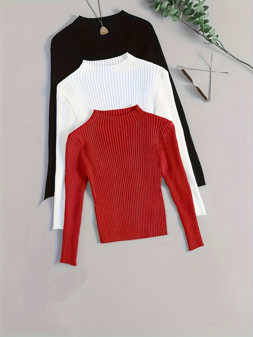 Conjunto de 3 Peças com Gola Alta em Malha Canelada, Base Elástica e Cor Lisa - Estilo Versátil Vintage