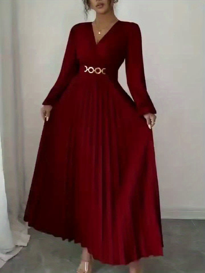 Vestido Metálico Elegante de Mulher com Decote em V, Manga Balão e Fecho de Zíper nas Costas - Vestido de Noite Formal A-Line até ao Chão, Lavável na Máquina para Festas e Eventos, Cintura Estruturada e Bainha Évasée, Vestido de Festa | Vestido Decote em V | Tecido