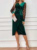 Vestido justo com renda contrastante, Vestido elegante de manga comprida para festa e banquete, Roupa de mulher para casamento/ocasião/noivado/cerimónia/vestido de noite