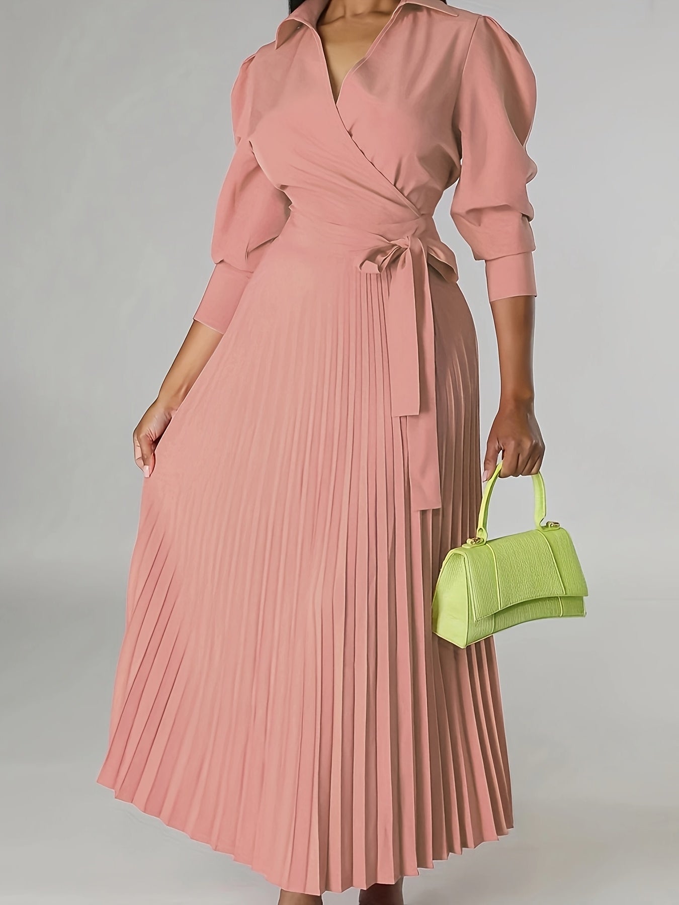 Vestido Midi Elegante Feminino com Plissado no Pescoço - Verde Vibrante, Tecido Estruturado Não Elástico, Lavável à Máquina, Versátil para Ocasiões Casuais e Formais, Silhueta Franzida, Material de Alta Qualidade, Roupa Primavera/Verão/Outono, Tecido Opaco