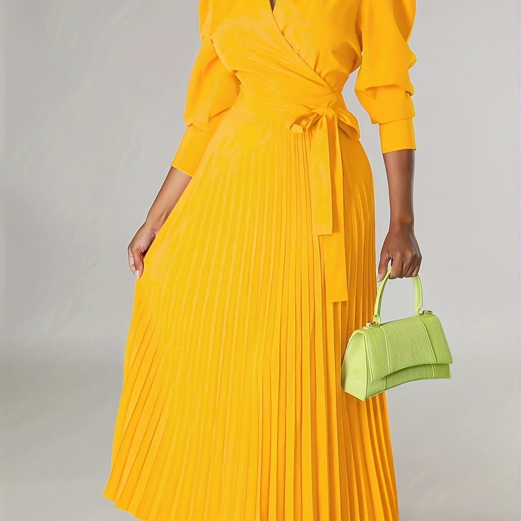 Chic Green Midi Dress with Pleated Neckline
