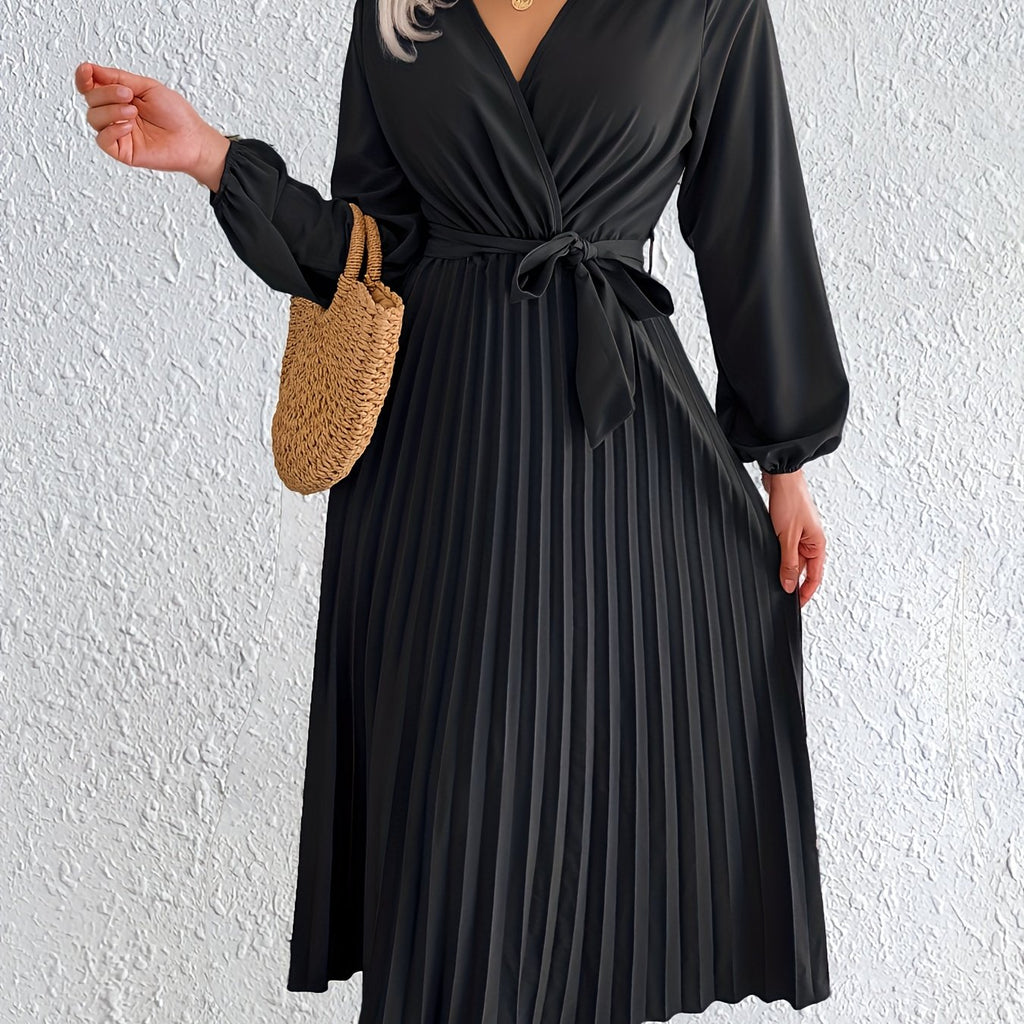 Elegant V-Neck Pleated Maxi Dress with Waist Tie
