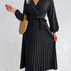 Elegant V-Neck Pleated Maxi Dress with Waist Tie