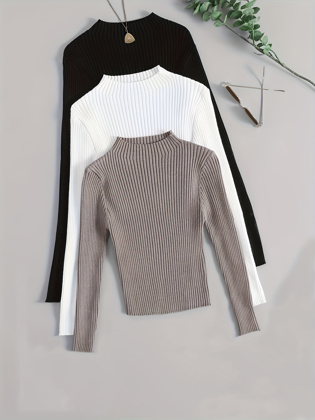 Conjunto de 3 Peças com Gola Alta em Malha Canelada, Base Elástica e Cor Lisa - Estilo Versátil Vintage