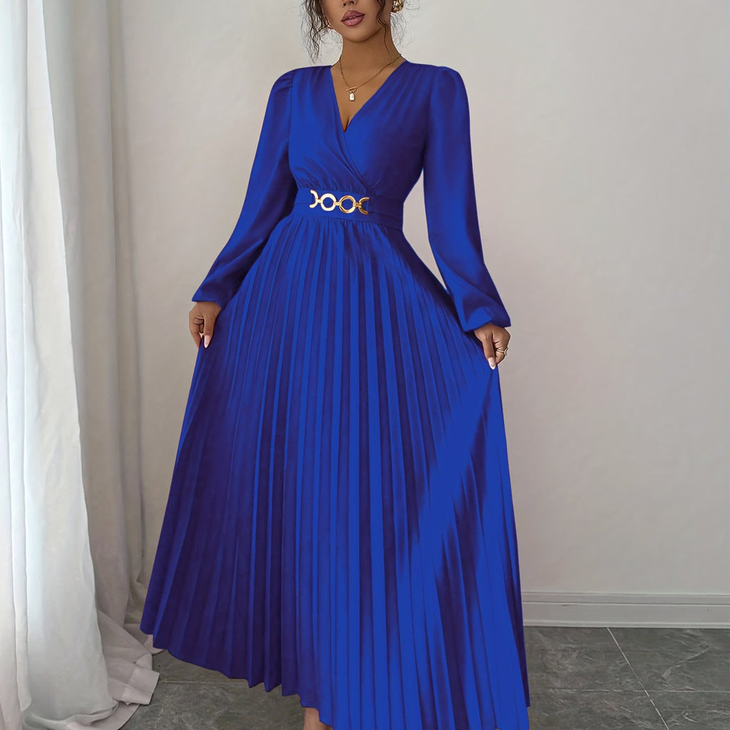 Elegant Metallic V-Neck Evening Gown with Balloon Sleeves