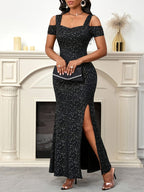 Vestido Elegante de Lantejoulas Pretas com Ombros Descobertos - Estiloso e Justo até o Joelho para Mulheres, Perfeito para Festas de Verão & Eventos Formais, Roupa de Noite Formal | Vestido com Ombros Alvos | Tecido Cintilante