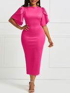 Vestido midi elegante de manga verde com mangas franzidas para mulher - Poliéster elástico, decote redondo, manga comprida, verão chique, sem cinto, perfeito para ocasiões casuais ou formais, vestuário formal | Vestido de manga franzida | Ajuste confortável