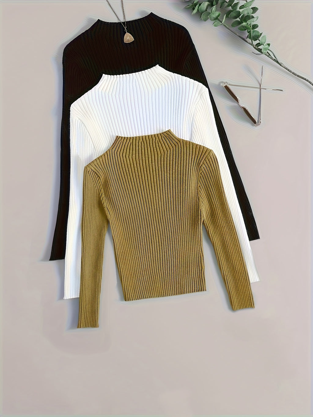 Conjunto de 3 Peças com Gola Alta em Malha Canelada, Base Elástica e Cor Lisa - Estilo Versátil Vintage