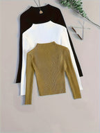 Conjunto de 3 Peças com Gola Alta em Malha Canelada, Base Elástica e Cor Lisa - Estilo Versátil Vintage