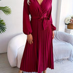 Elegant V-Neck Pleated Maxi Dress with Waist Tie
