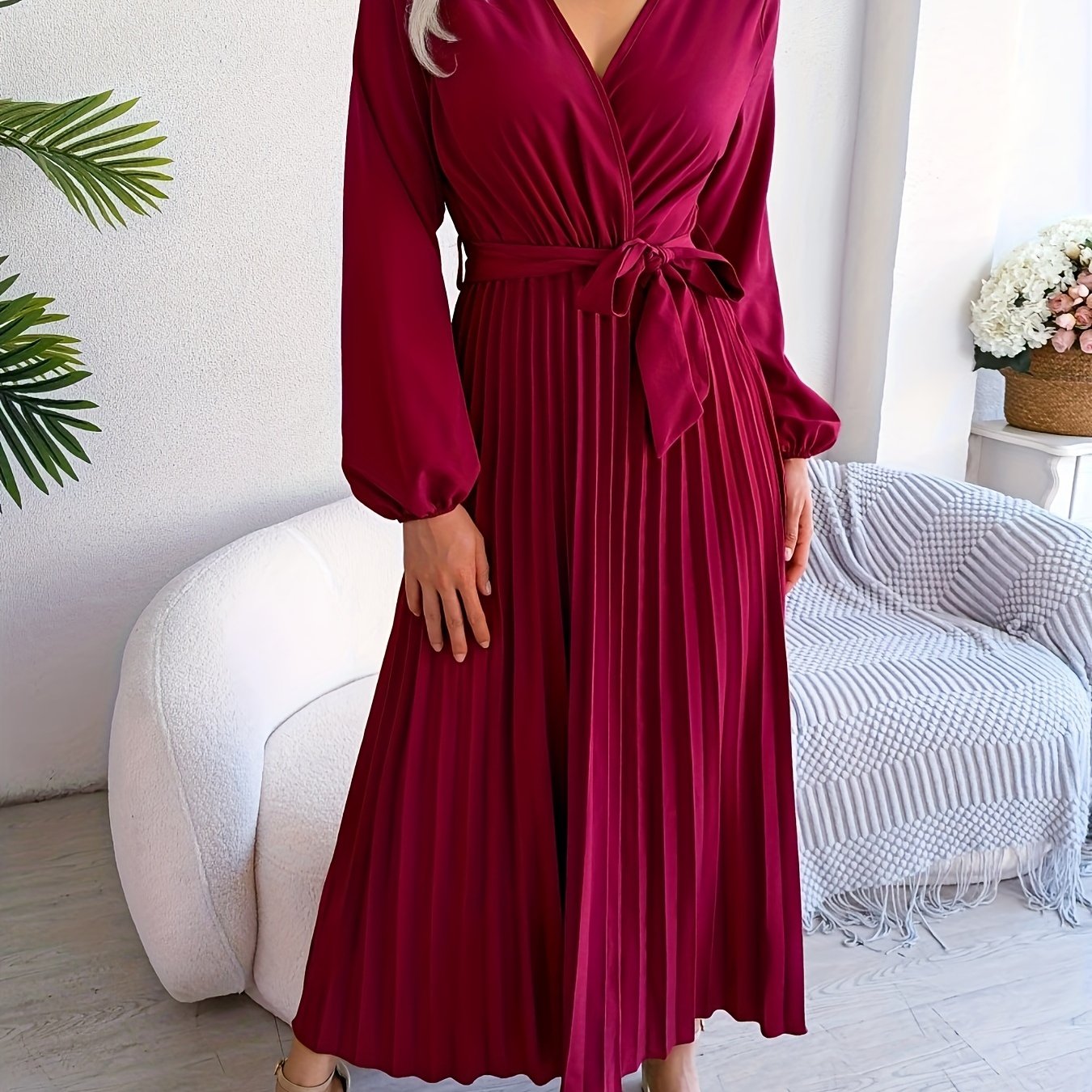 Elegant V-Neck Pleated Maxi Dress with Waist Tie