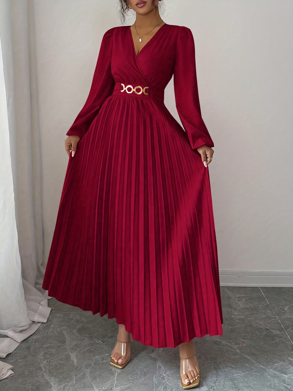 Vestido Feminino Elegante Estilo Francês com Decote em V e Cintura Plissada (Cintura Falsa/Estreita Oculta) - Manga Longa para Casamento de Inverno, Vestido de Festa Formal Lavável na Máquina, Cor Sólida